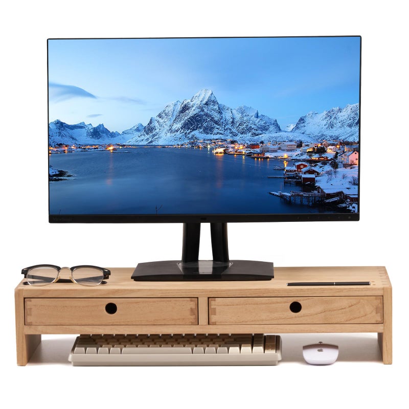 KIRIGEN Wood Monitor Stand with 2 Drawers - Computer Arm Riser Desk Storage Organizer,Speaker TV Laptop Printer Stand with Pen Slot and Cable Management,2-Tier Desktop Shelf NA-2PMJ - Image 1